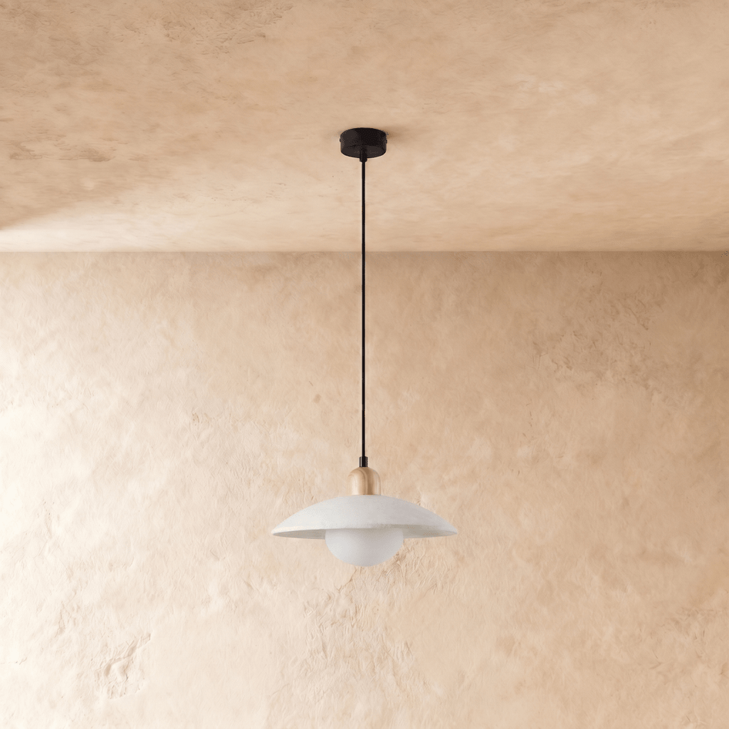 Clérachic pendant light in white, the saucer shade and globe diffuser viewed from a slightly different angle.