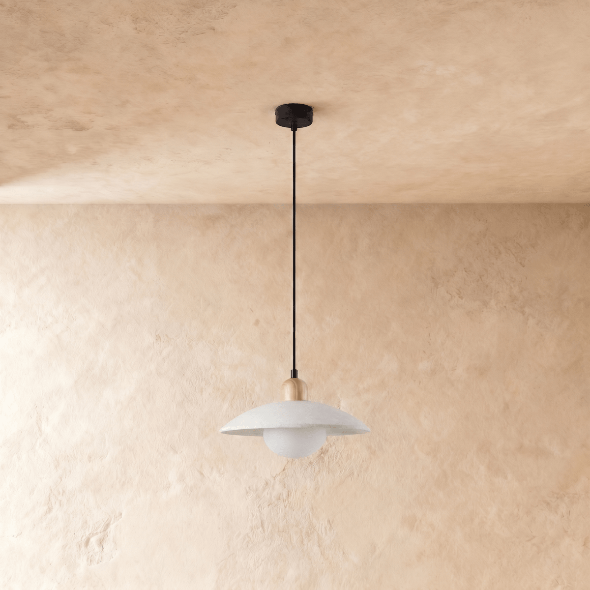 Clérachic pendant light in white, the saucer shade and globe diffuser viewed from a slightly different angle.