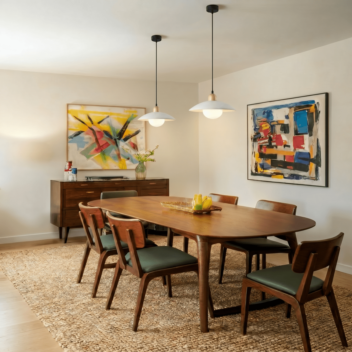 Clérachic white pendant lights, a pair, glowing above a walnut dining table flanked by colourful abstract paintings.