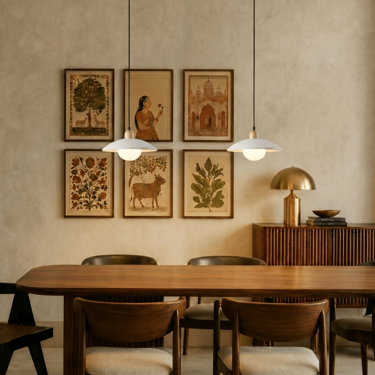 Clérachic white pendant lights, a pair, glowing above a dining table beside a gallery wall of framed folk-art prints.