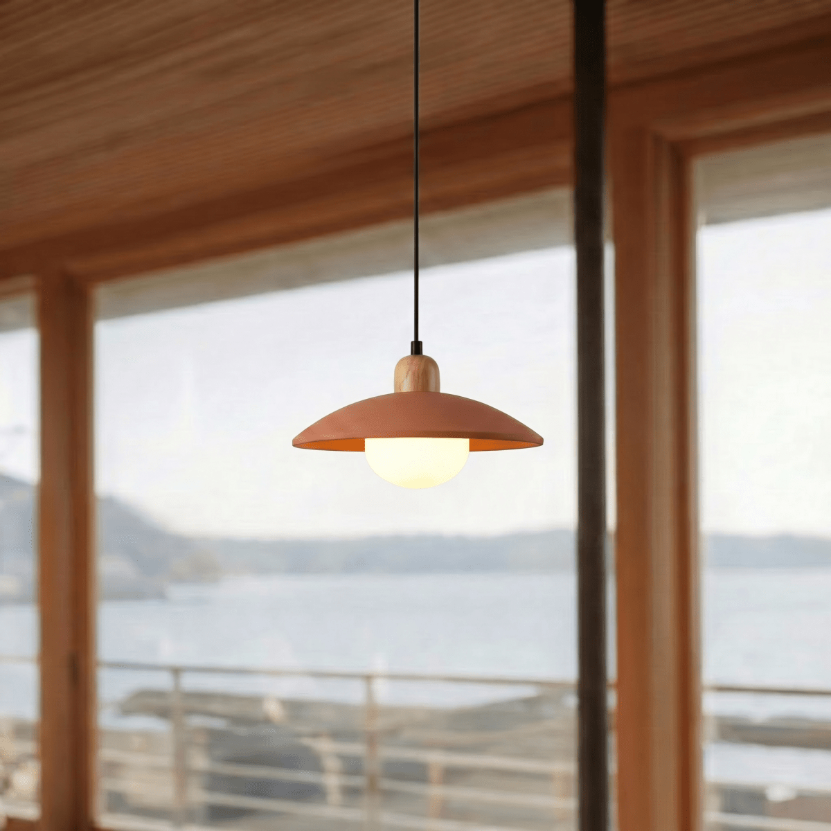 Clérachic orange pendant light glowing beside a window overlooking a calm bay beneath timber ceiling beams.