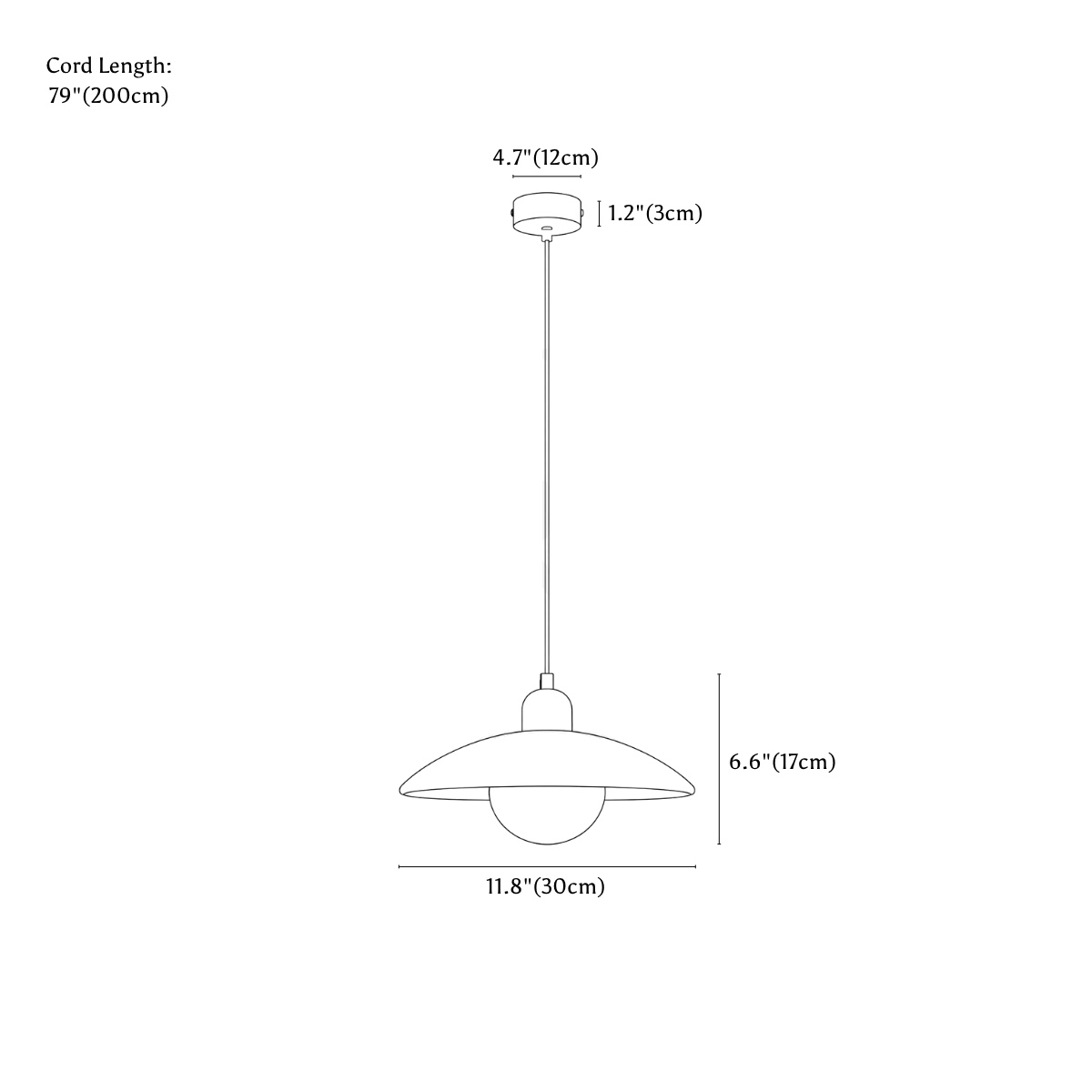 Clérachic pendant light dimension drawing, every measurement marked in centimetres and inches.