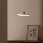 A lit Clérachic disc pendant with a walnut bead hangs against a dusty pink wall, beside a framed ink calligraphy print on a sideboard.