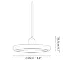 Dimension drawing of this Clérachic disc pendant, with its 30 cm width and 9.5 cm height marked.