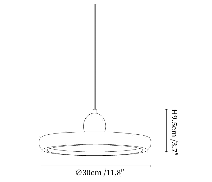 Dimension drawing of this Clérachic disc pendant, with its 30 cm width and 9.5 cm height marked.