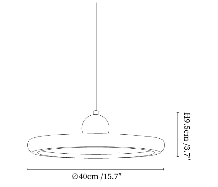 Dimension drawing of this Clérachic disc pendant in its larger size, with its 40 cm width and 9.5 cm height marked.