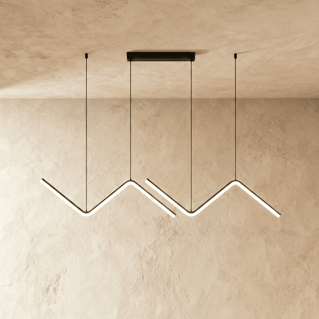 Clérachic black double zig-zag LED pendant, two lit bars on thin cables from one rectangular canopy, against plaster.