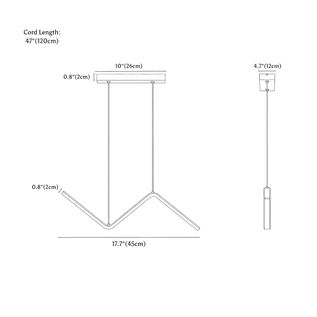 Clérachic pendant light dimension drawing, 45 cm, 13 W, every measurement marked in centimetres and inches.