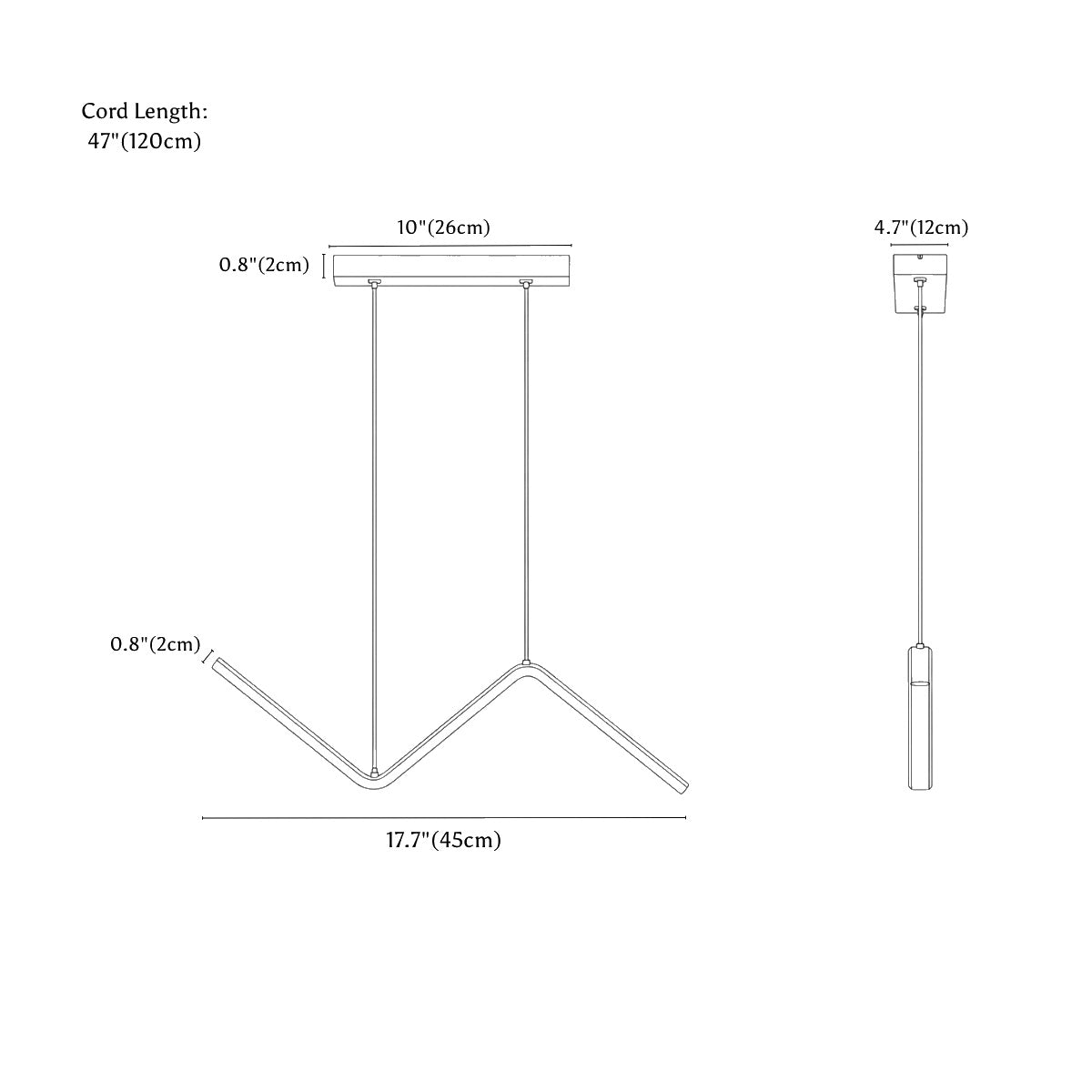 Clérachic pendant light dimension drawing, 45 cm, 13 W, every measurement marked in centimetres and inches.
