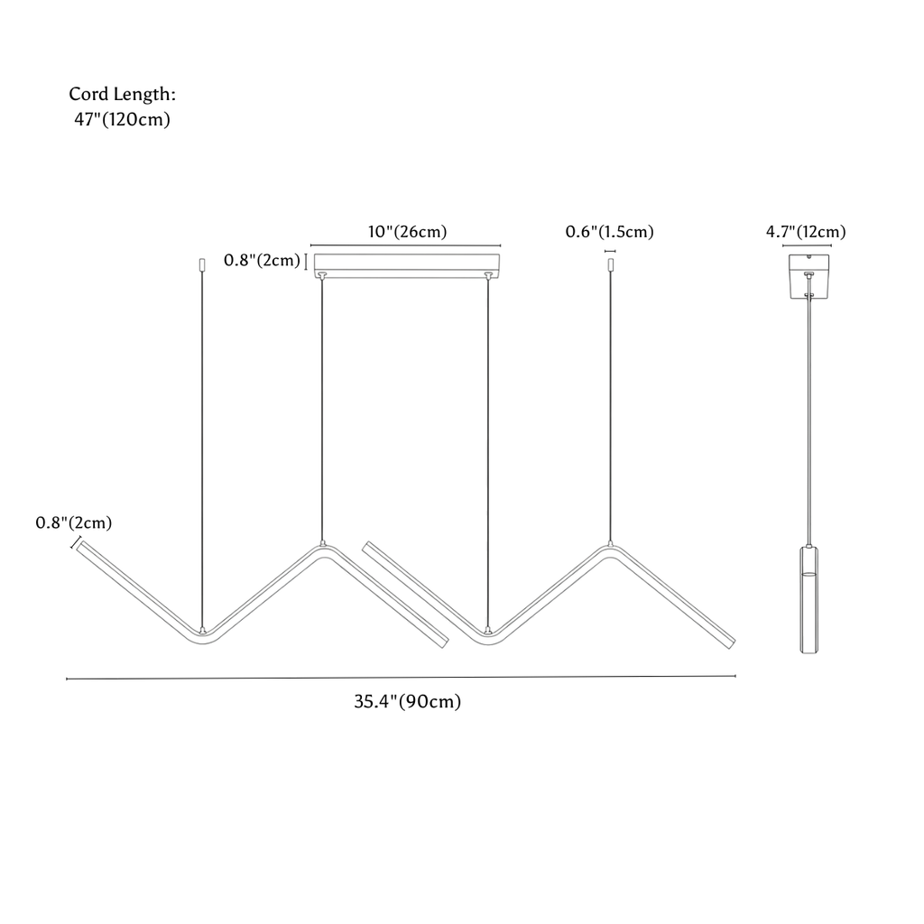 Clérachic pendant light dimension drawing, 90 cm, 26 W, every measurement marked in centimetres and inches.