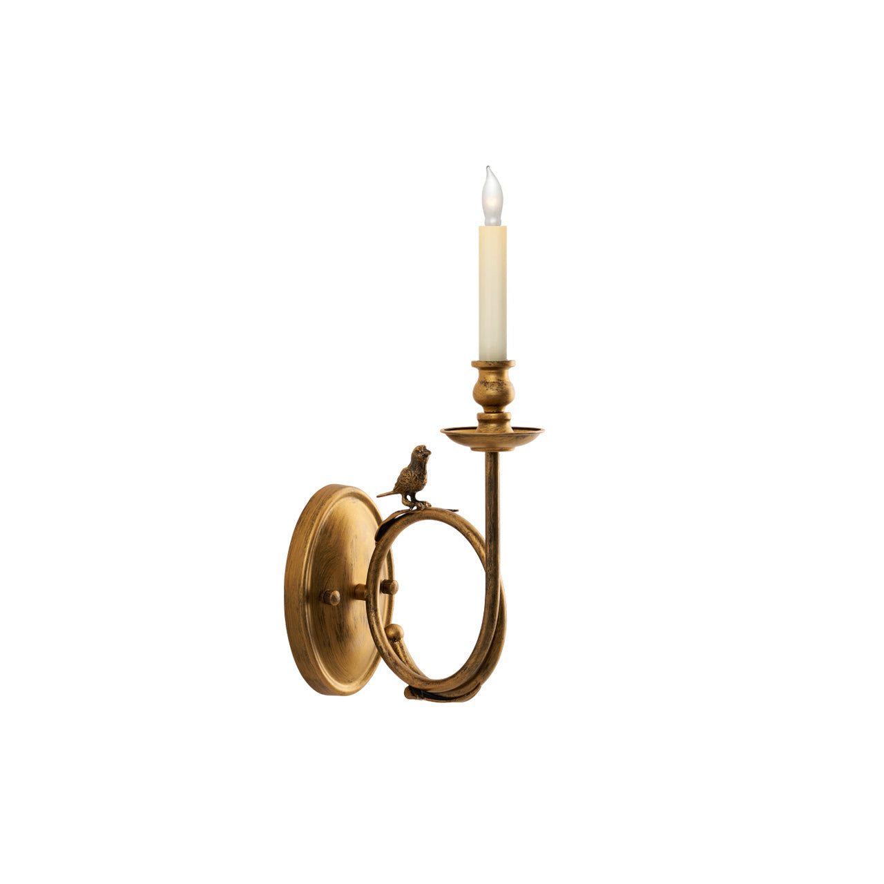 The Clérachic brass sconce with its candle bulb lit, shown against plain white with the bird resting on the ring below.