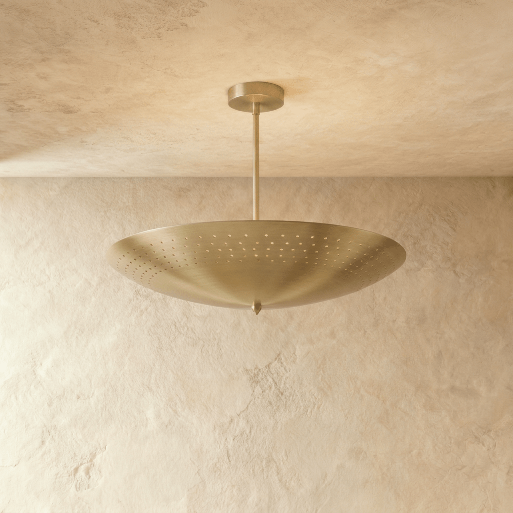Clérachic perforated disc pendant light in polished brass, hung from a plaster ceiling and photographed in studio.