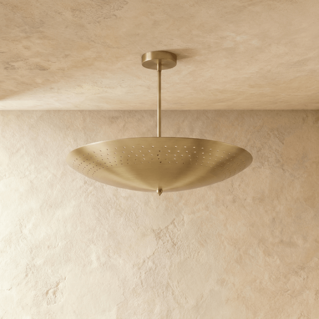 Clérachic perforated disc pendant light in polished brass, shown from a slightly closer studio angle overhead.