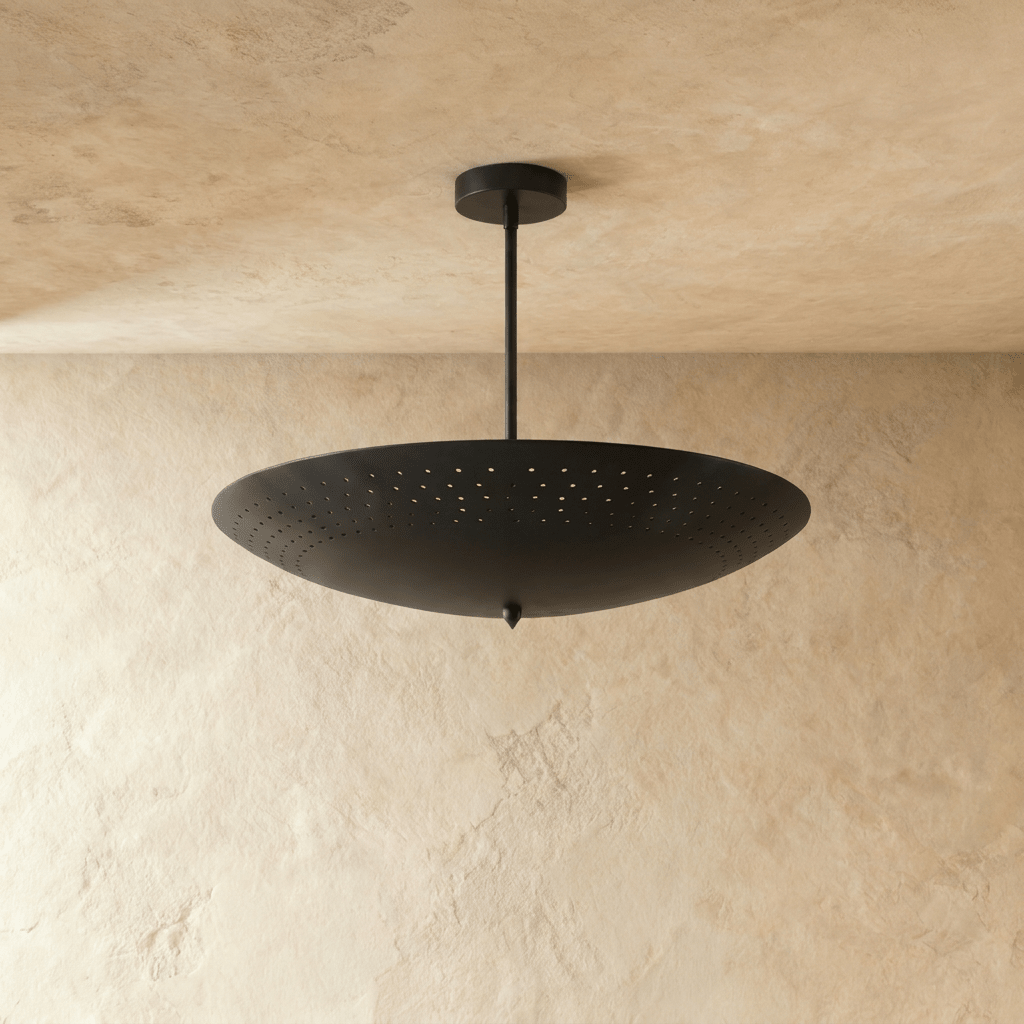 Clérachic perforated disc pendant light in matte black, shown from a slightly closer studio angle overhead.