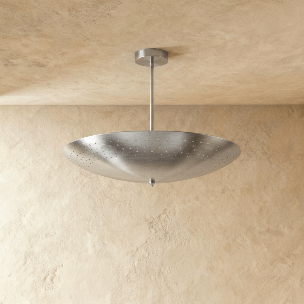 Clérachic perforated disc pendant light in chrome, shown from a slightly closer studio angle overhead.