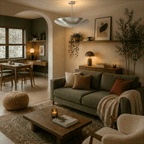 Clérachic chrome perforated disc pendant light lit above a living room beside a sofa and a dining archway.