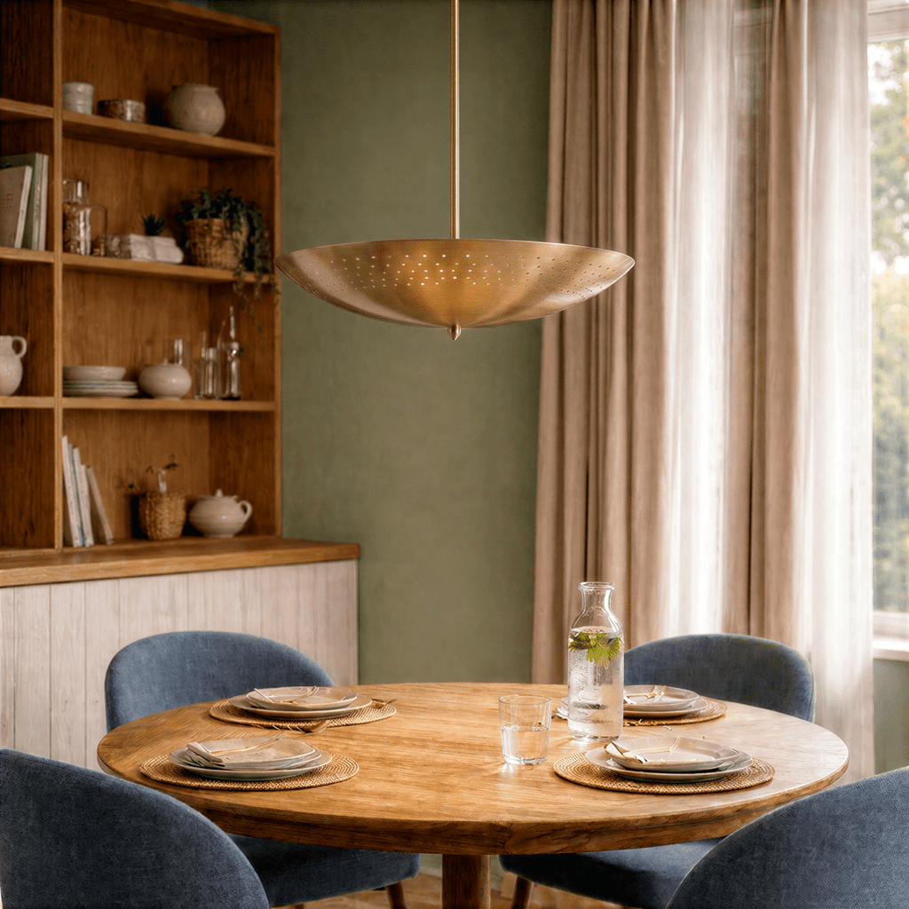 Clérachic brass perforated disc pendant light lit above a round table with blue chairs and a wooden hutch.