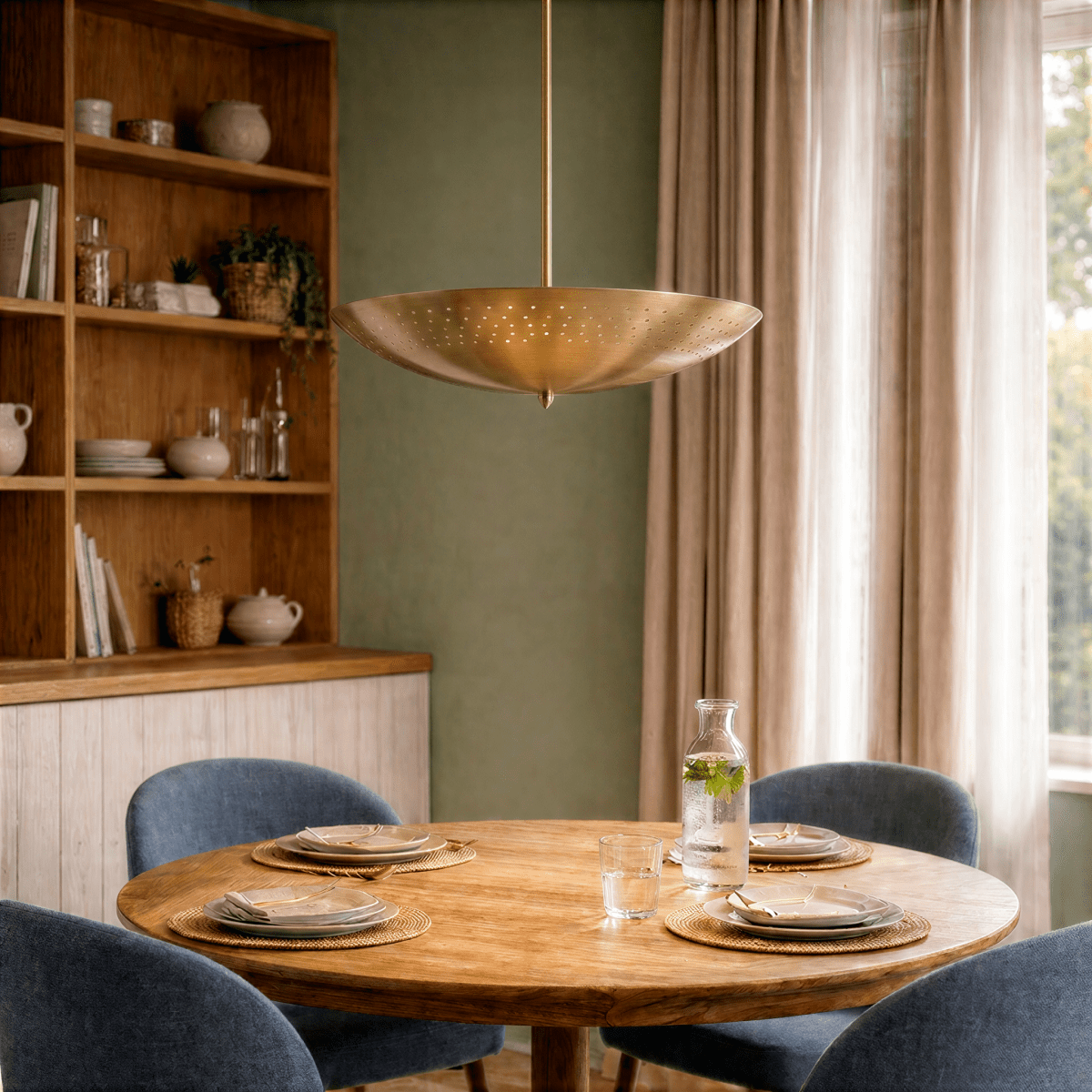Clérachic brass perforated disc pendant light lit above a round table with blue chairs and a wooden hutch.