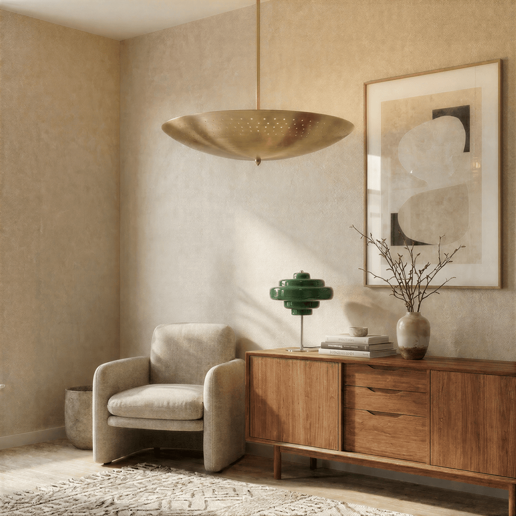 Clérachic brass perforated disc pendant light lit beside an armchair, a green lamp and a wooden sideboard.