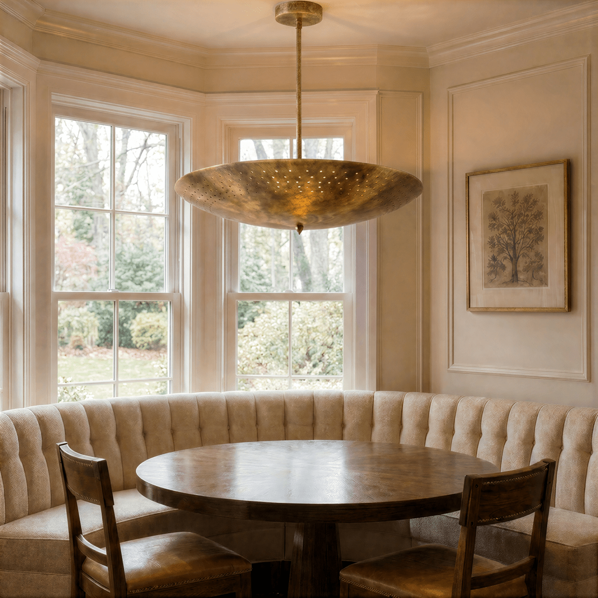 Clérachic vintage brass perforated disc pendant light lit above a round table in a curtained bay-window nook.
