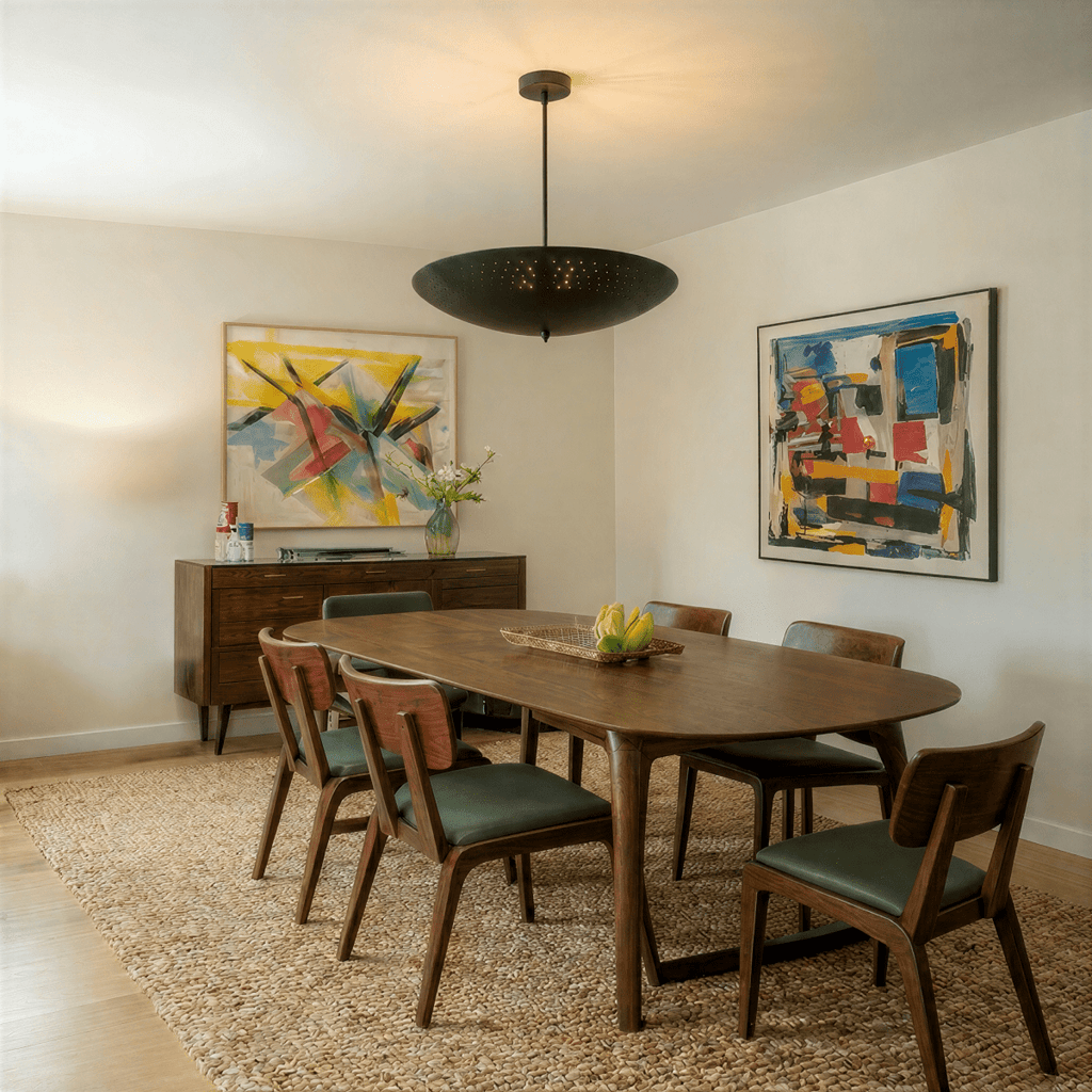 Clérachic matte black perforated disc pendant light lit above a long dining table flanked by abstract paintings.