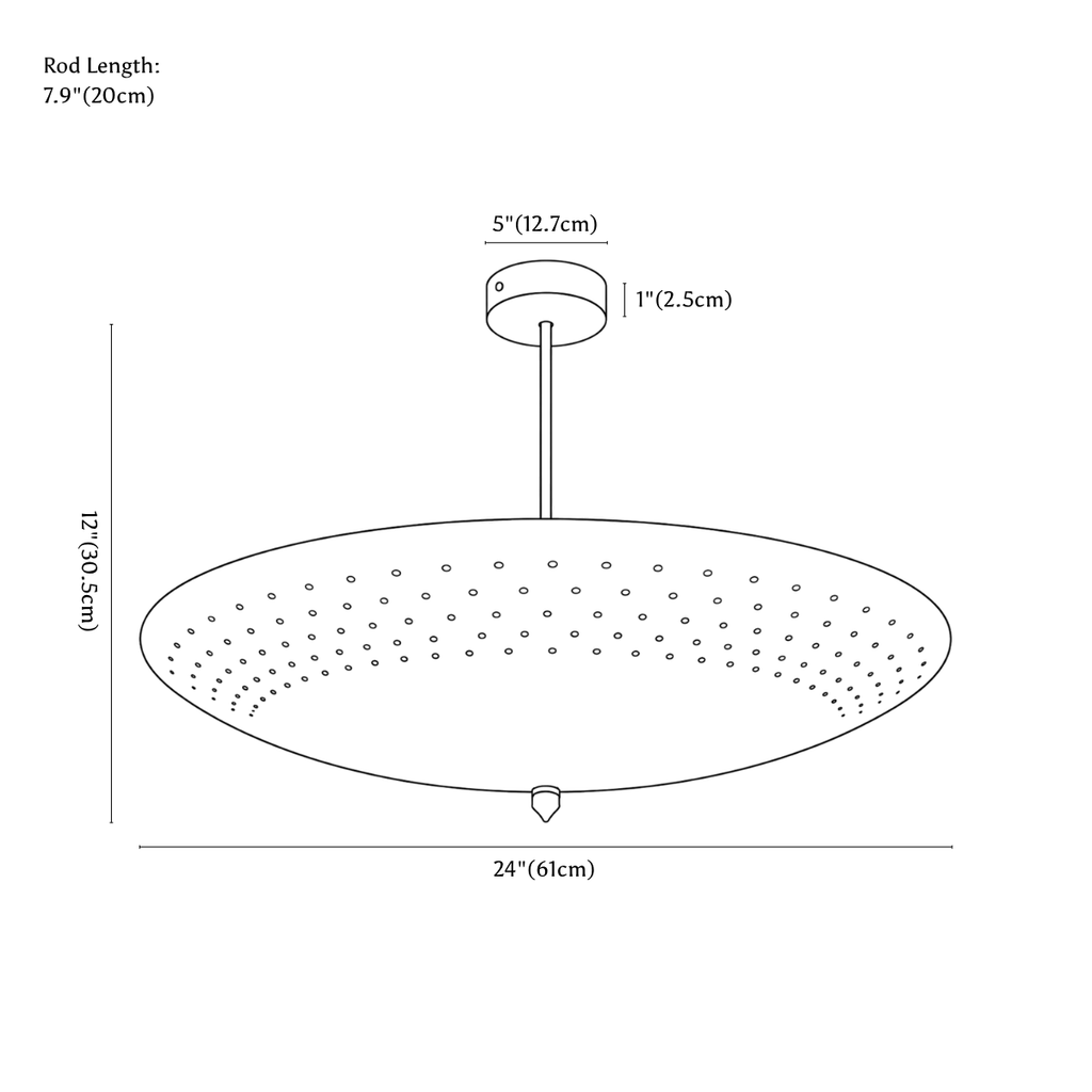 Clérachic pendant light dimension drawing, every measurement marked in centimetres and inches.
