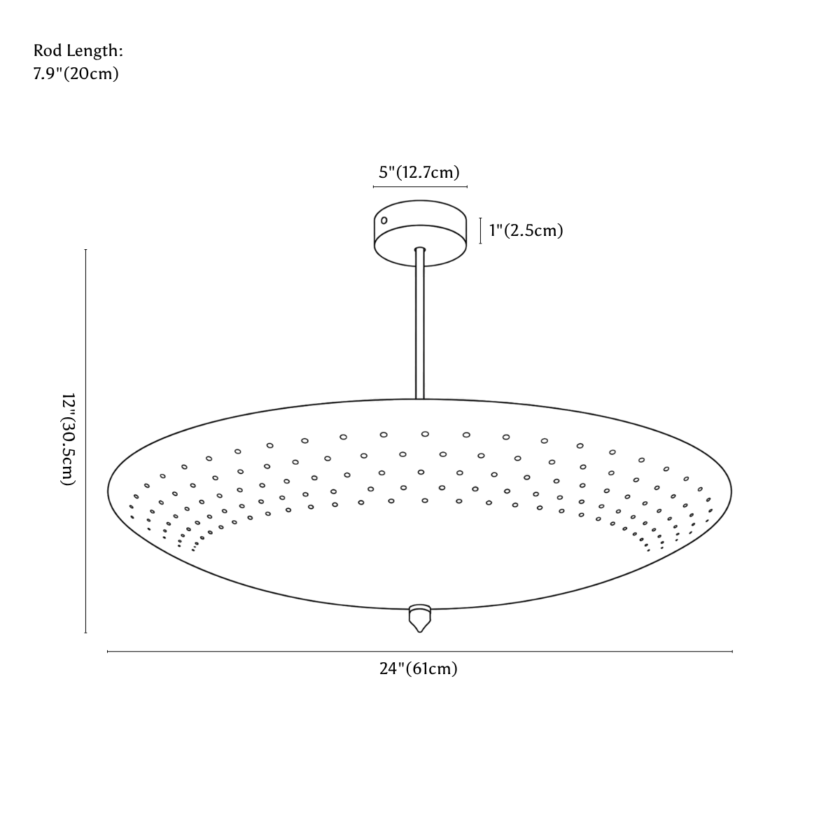 Clérachic pendant light dimension drawing, every measurement marked in centimetres and inches.