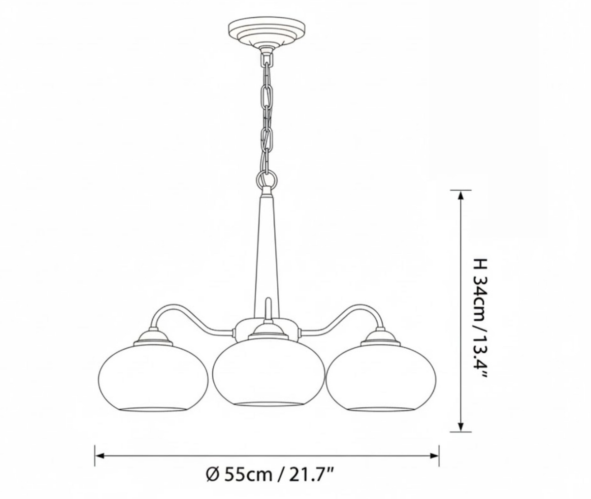 Dimension drawing of the persimmon chandelier, in outline against white.