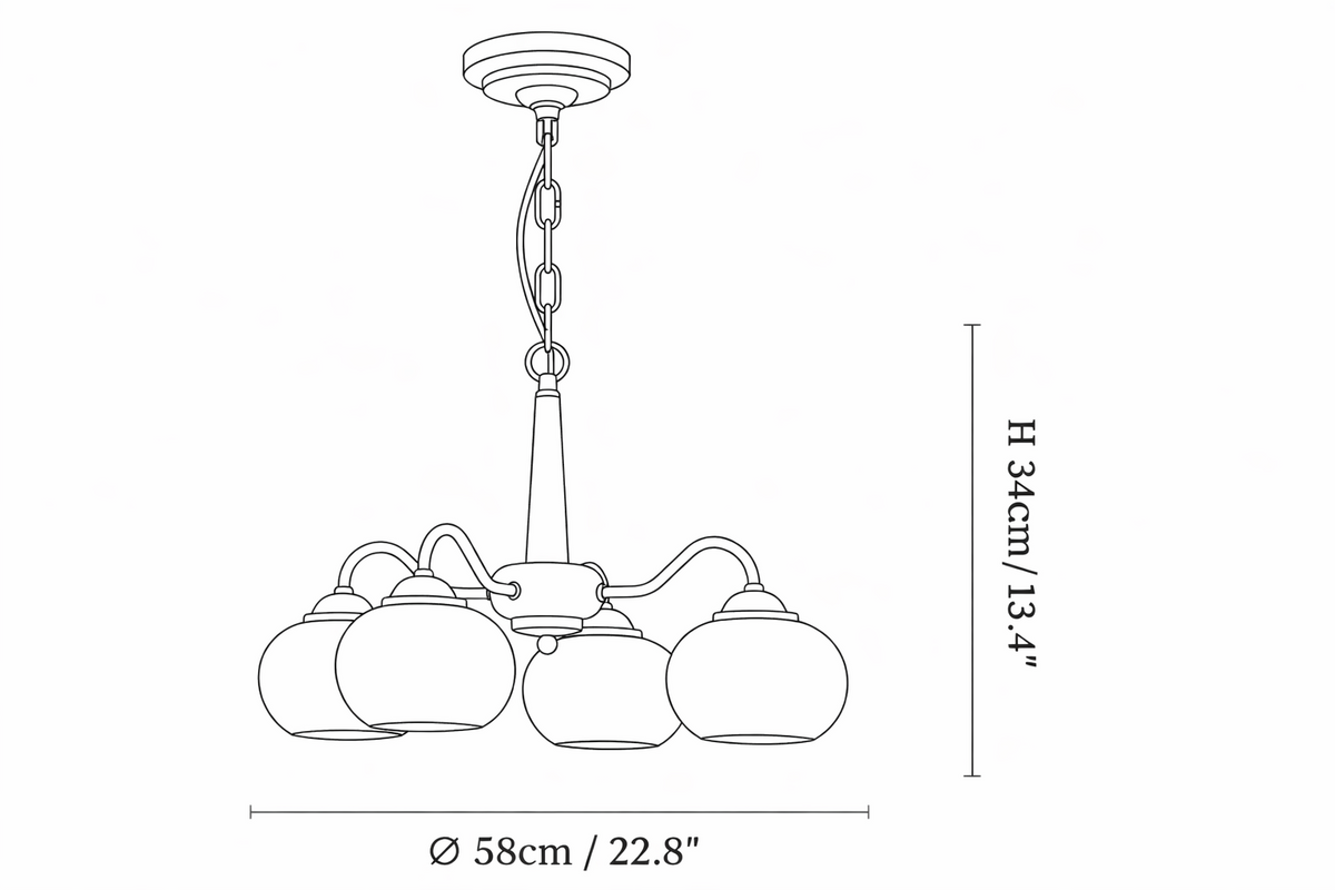 Dimension drawing of the persimmon chandelier, in outline against white.