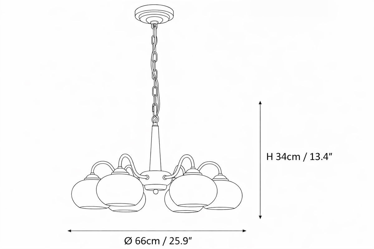 Dimension drawing of the persimmon chandelier, in outline against white.