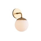 Studio shot of the single-head Clérachic Petal-Cap Opal Globe Wall Sconce in brass on a plain white background.
