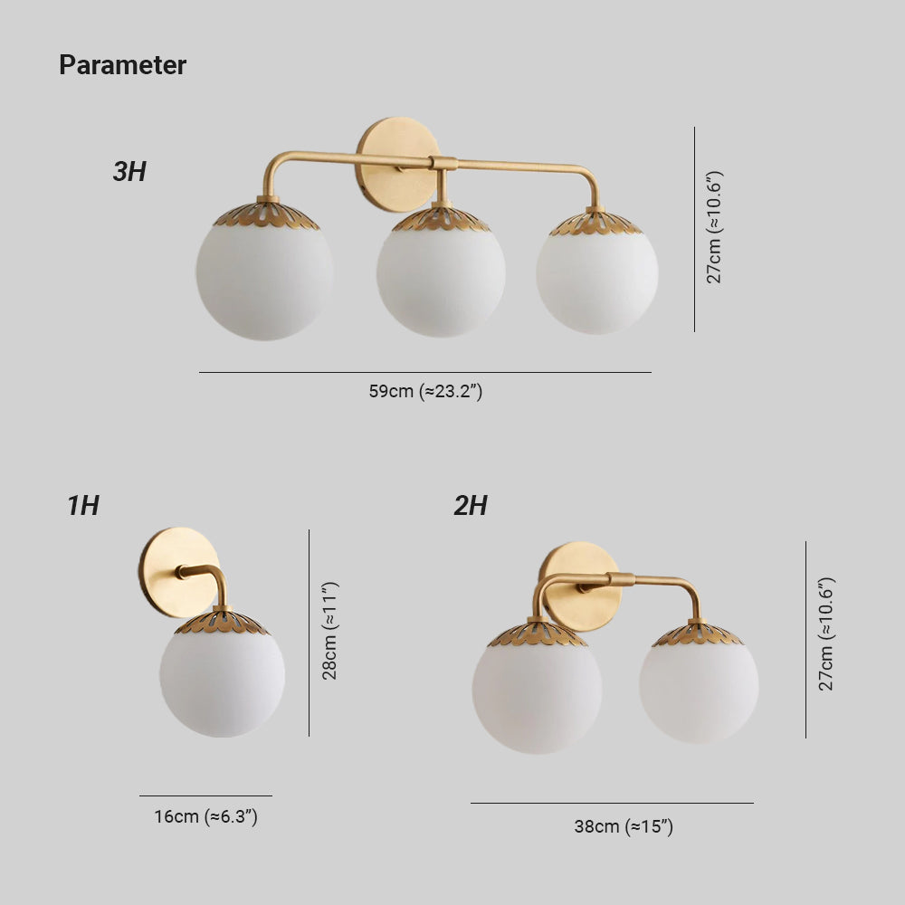 Dimension drawing for the Clérachic Petal-Cap Globe Sconce: 1H 16cm (6.3″) x 28cm (11″); 2H 38cm (15″) and 3H 59cm (23.2″), both 27cm (10.6″) high.