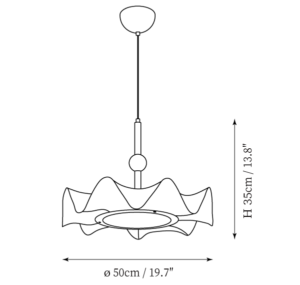 Clérachic pendant light dimension drawing, every measurement marked in centimetres and inches.