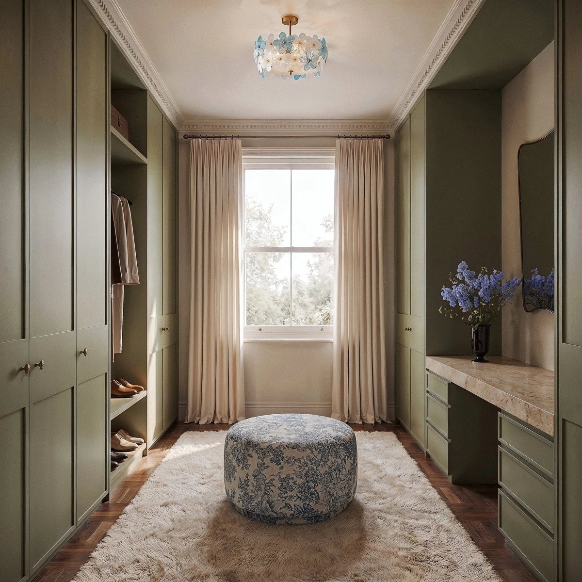 Clérachic blue-and-clear glass flower ceiling light in a green dressing room with a floral ottoman and a sash window.