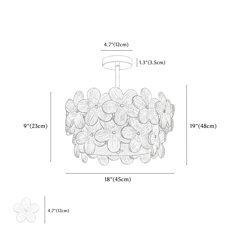 Clérachic ceiling light dimension drawing, 45 × 48 cm, 60 W, every measurement marked in centimetres and inches.