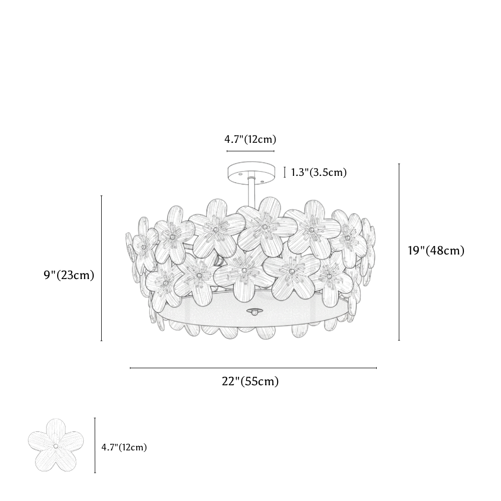 Clérachic ceiling light dimension drawing, 55 × 48 cm, 60 W, every measurement marked in centimetres and inches.