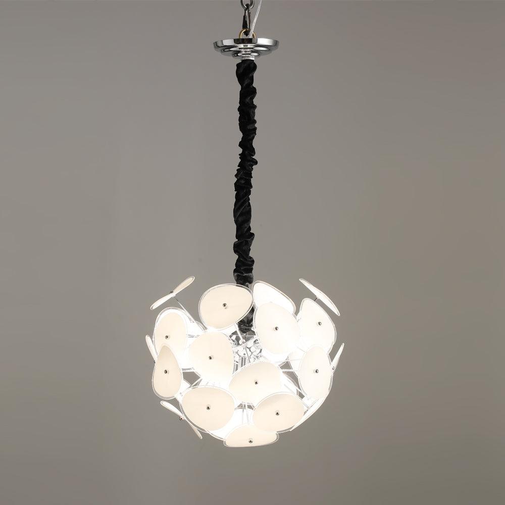 Clérachic Petal Sphere Chandelier with frosted glass discs on a chrome frame, unlit against a grey backdrop.