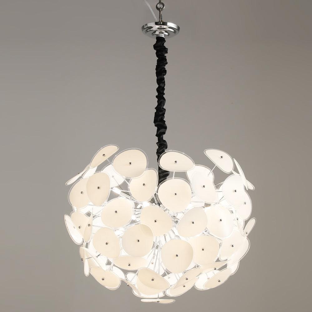 Wide view of the unlit Clérachic Petal Sphere Chandelier showing its dense cluster of oval glass petals.