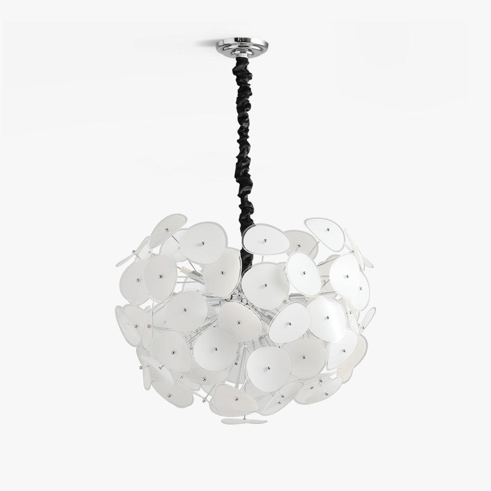 Clérachic Petal Sphere Chandelier photographed unlit on a plain white background, chain and chrome canopy visible.
