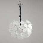 Full unlit view of the Clérachic Petal Sphere Chandelier's dense dome of frosted petals on a grey backdrop.