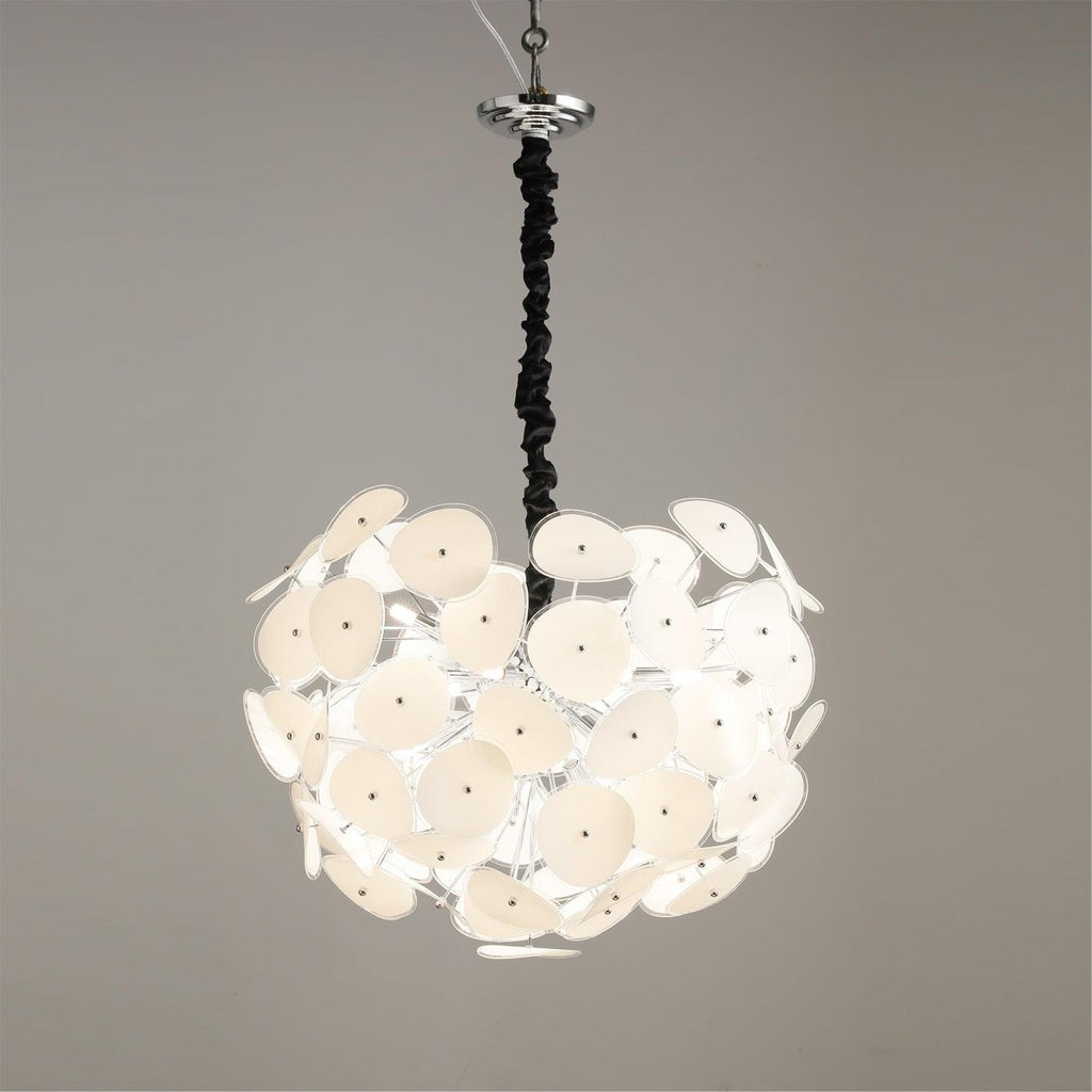 Close-up of the Clérachic Petal Sphere Chandelier's glass petals, each rimmed in polished clear edging.