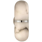 Clérachic Pill-Shaped Wall Sconce with a polished chrome band, the small round wall plate just visible behind the alabaster.