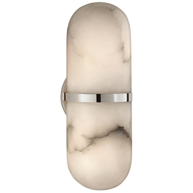 Clérachic Pill-Shaped Wall Sconce with a polished chrome band, the small round wall plate just visible behind the alabaster.