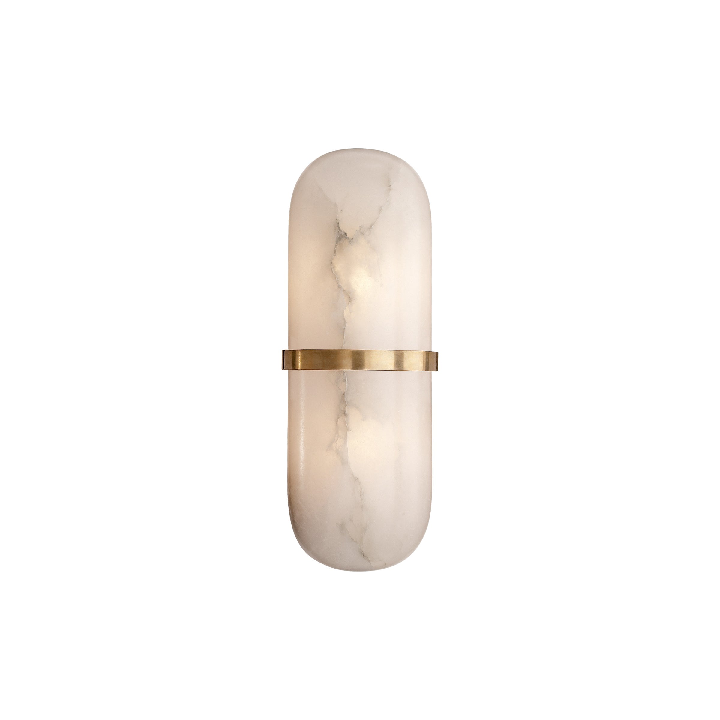 Studio view of the Clérachic Pill-Shaped Wall Sconce, the brass band wrapping the stone with no screws or cord in sight.