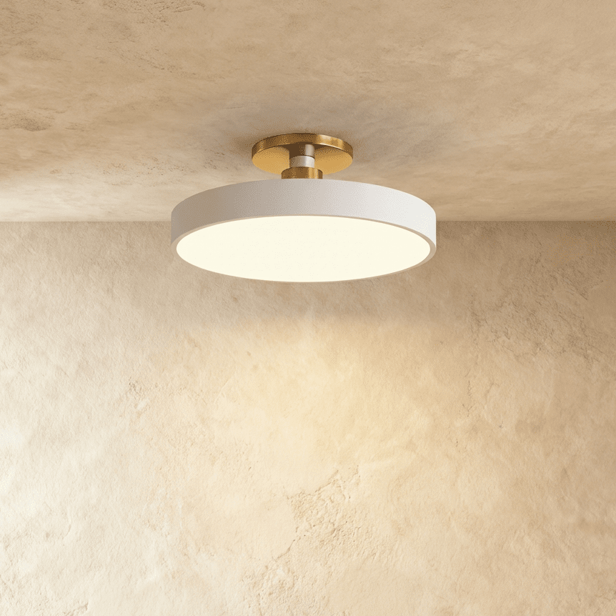 Clérachic ceiling light in white, its round drum diffuser glowing soft warm light beneath a brass ceiling stem.