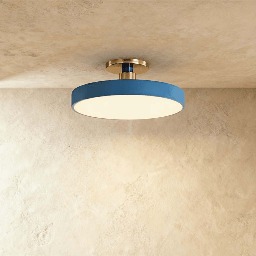 Clérachic ceiling light in blue, its round drum shade mounted on a brass stem beneath a plaster ceiling.