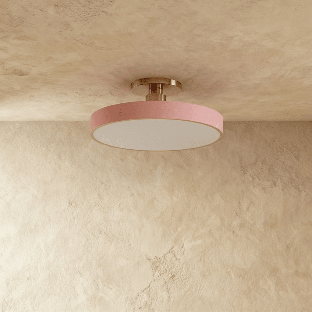 Clérachic ceiling light in pink with a nickel stem, its glowing drum shade set against a plaster ceiling.