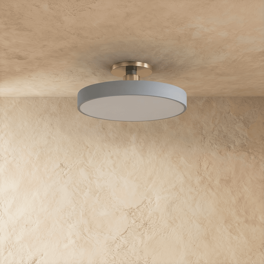 Clérachic ceiling light in grey with a polished nickel stem, the round drum shade glowing warm white.