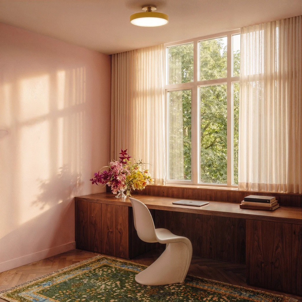 Clérachic ceiling light in yellow set above a sunlit home office desk, warm light spilling across pink walls.