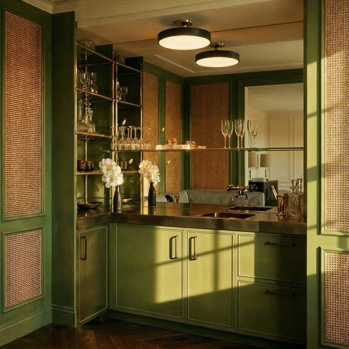 Two Clérachic ceiling lights in black glow above a green-panelled bar nook with brass shelving and glassware.